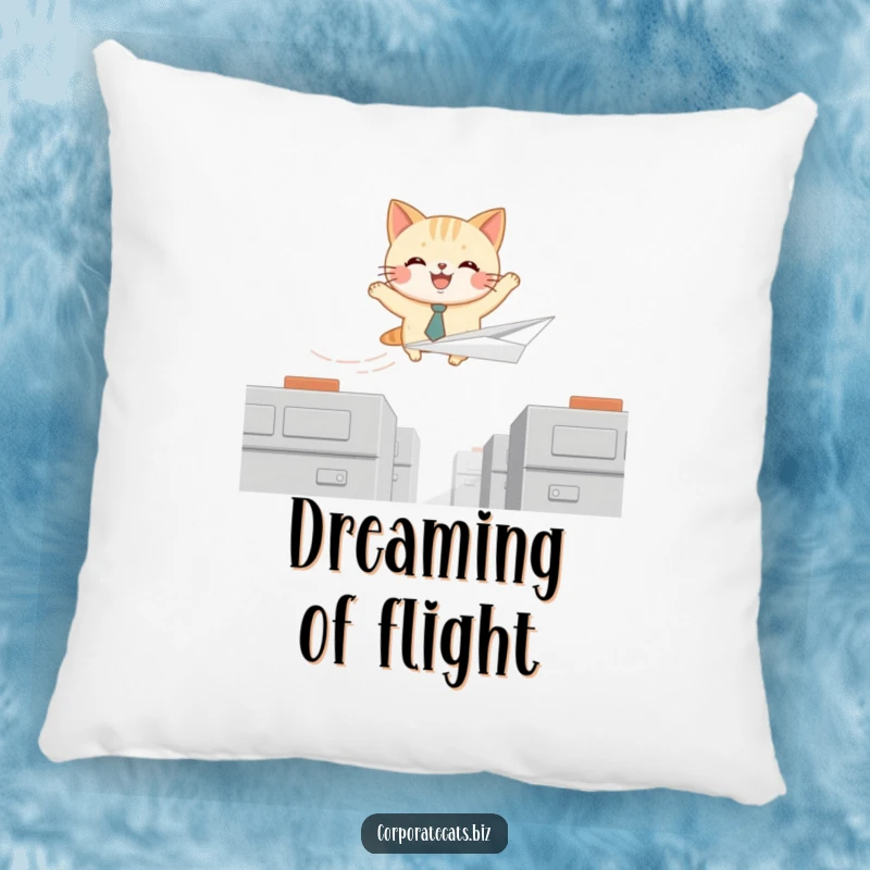 Funny decorative pillow featuring a joyful cat with a tiny tie, soaring on a paper airplane, offering comfort and imaginative flair.