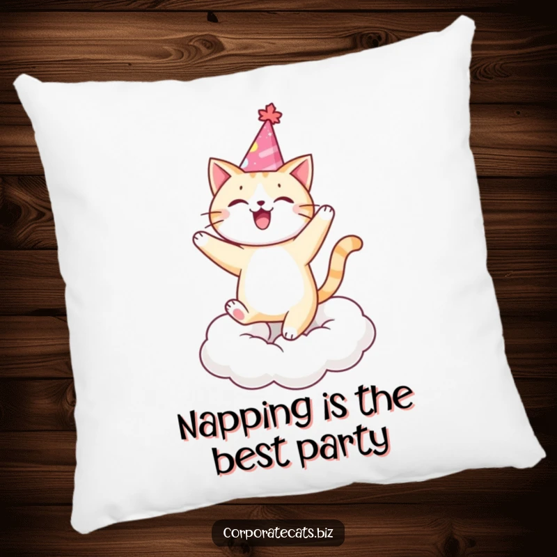 Funny cat in a party hat dancing on a cloud, a soft and cheerful accent pillow. A wonderful funny gift.