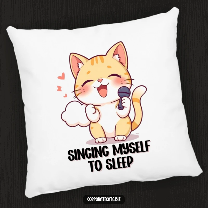 Funny cat holding a microphone, singing towards a cloud, a soft and melodic accent pillow. A wonderful funny gift.