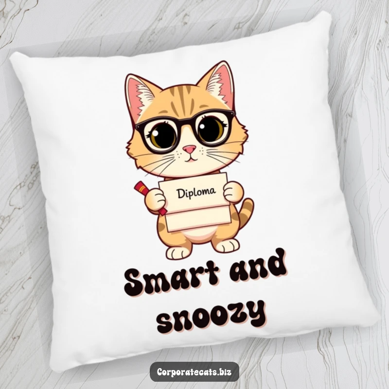 Funny pillow featuring a sophisticated cat holding a diploma, providing intellectual comfort and humor for sofas and beds.