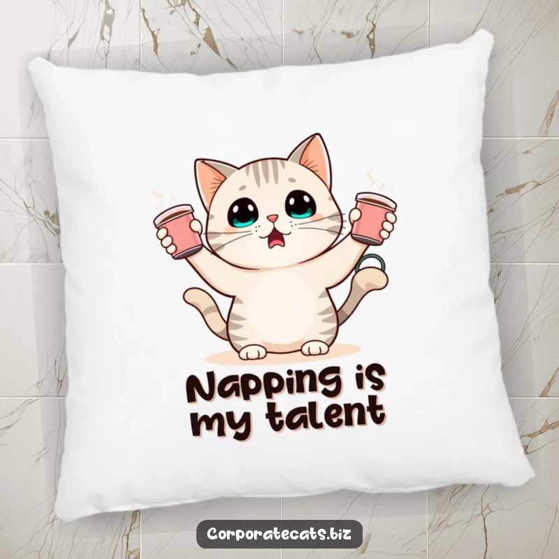 Funny pillow featuring a startled cat character juggling small coffee cups. Soft, decorative, and brimming with humor.