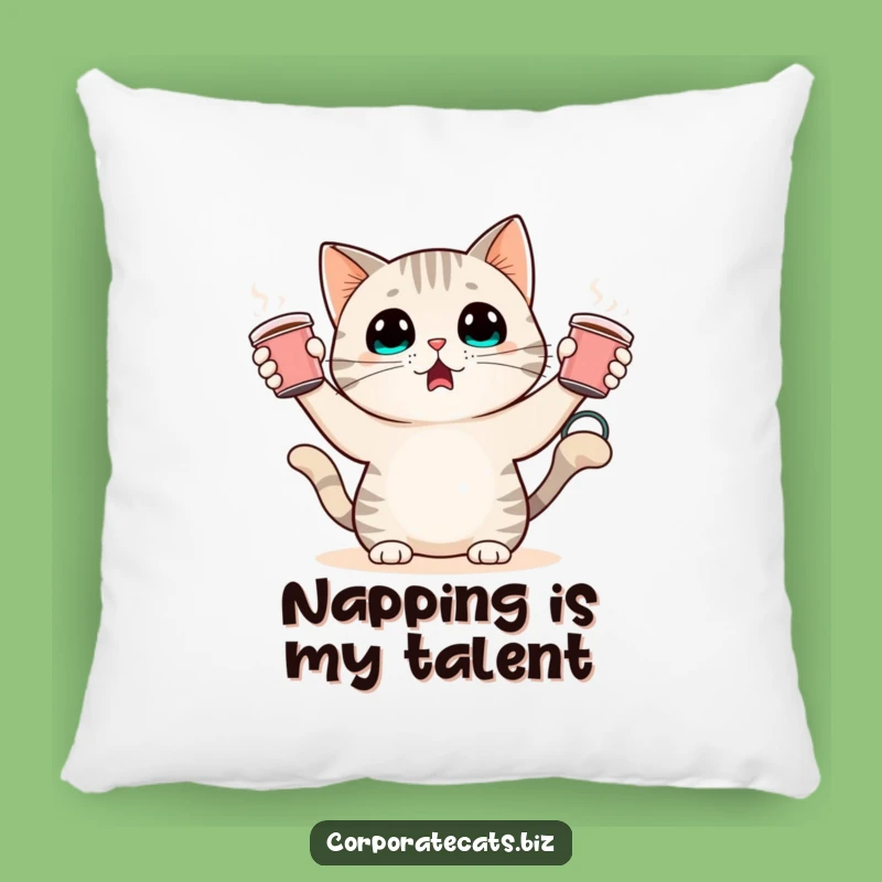 Funny Surprised Cat Pillow: Juggling Coffee Cups, Cozy Comfort with Hilarious Charm