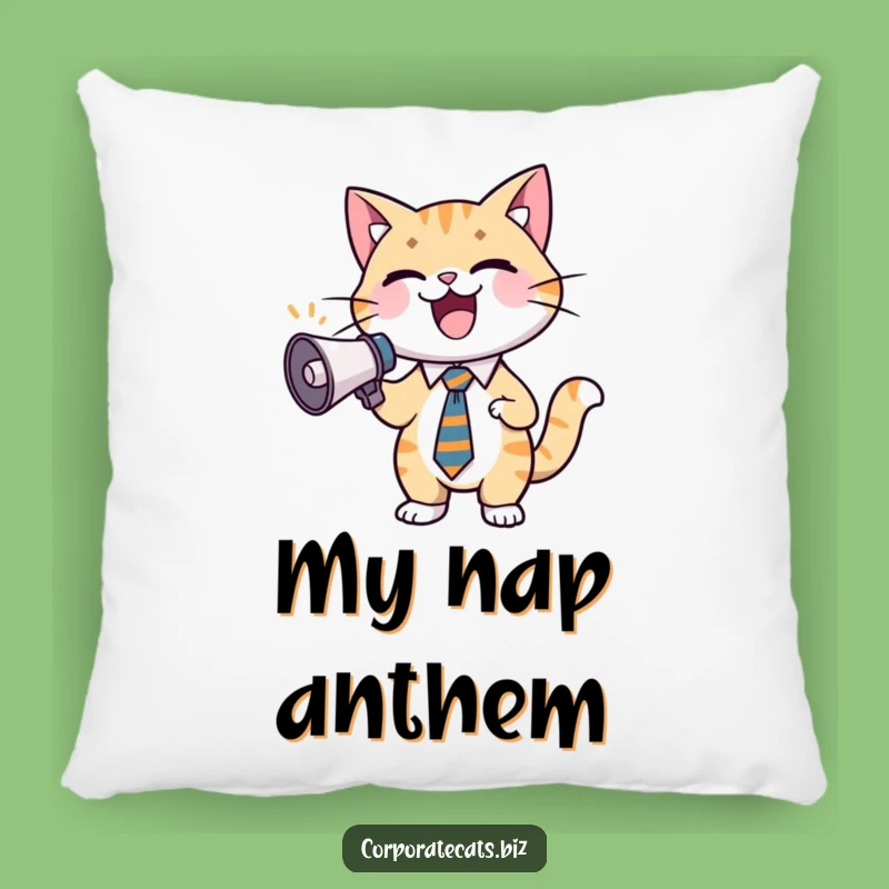 Funny Excited Cat Pillow: Cozy Feline in Tie with Megaphone, Plush Funny Gift Comfort!