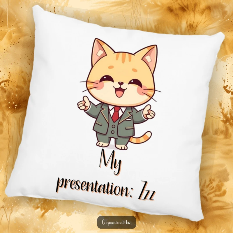 Funny cat pillow featuring a joyful cat character in a business suit, confidently making a presentation.