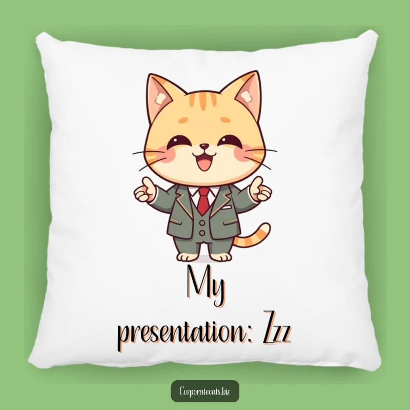 Funny Business Cat Pillow: Cozy Feline in Suit Presenting, Plush Funny Gift Comfort!