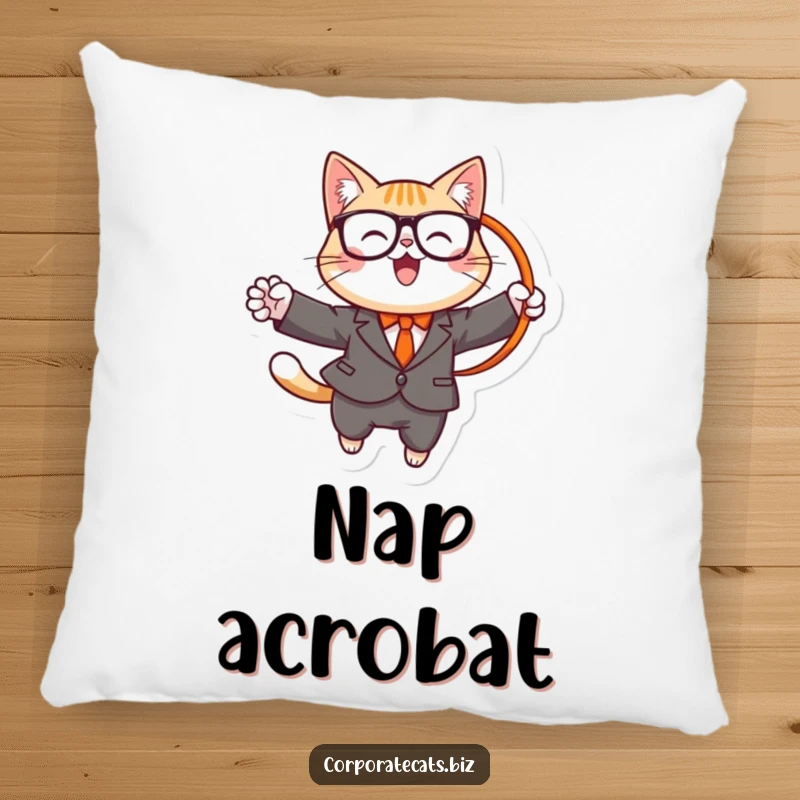 Funny pillow with a cheerful cat wearing a suit and glasses, jumping through a hoop, offering plush comfort and showmanship humor.