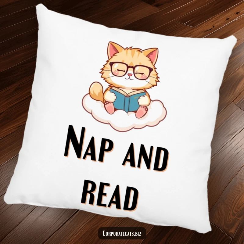 Funny Cat Cloud Pillow: A fluffy cat with glasses reads a book while relaxing on a cloud, a soft and humorous accent.