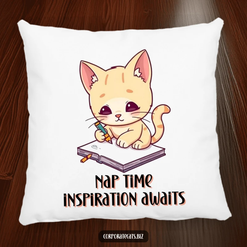 Funny cat artist pillow, a cute cat artist sits and sketches on a tiny notepad, bringing a touch of artful comfort.