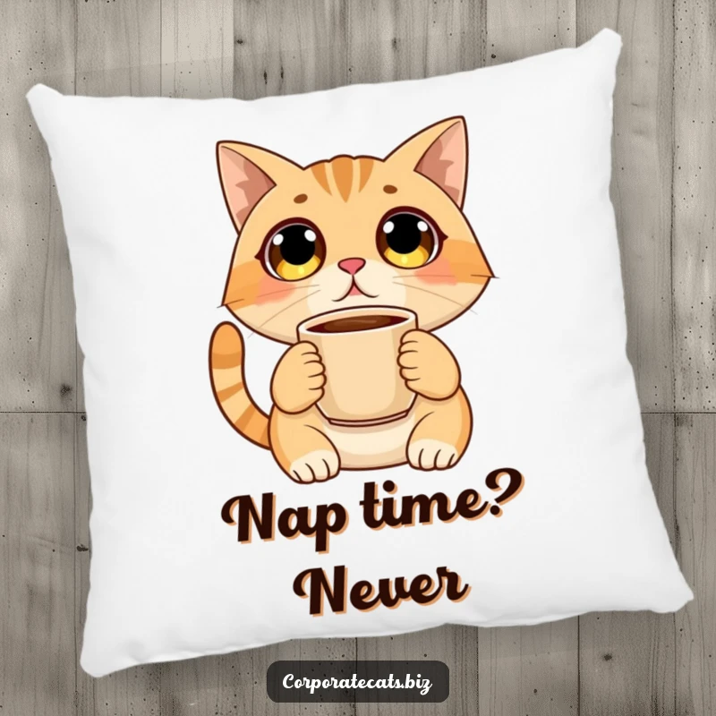 Funny pillow featuring a wide-eyed, shocked cat holding a coffee cup, perfect for adding comfort and humor to sofas and beds.
