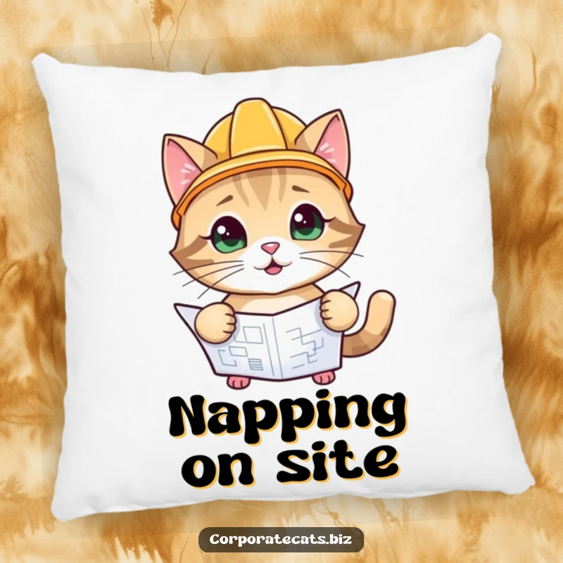 Funny Foreman Cat Pillow: a playful cat character in a hard hat, inspecting a blueprint, for comfort and laughs.