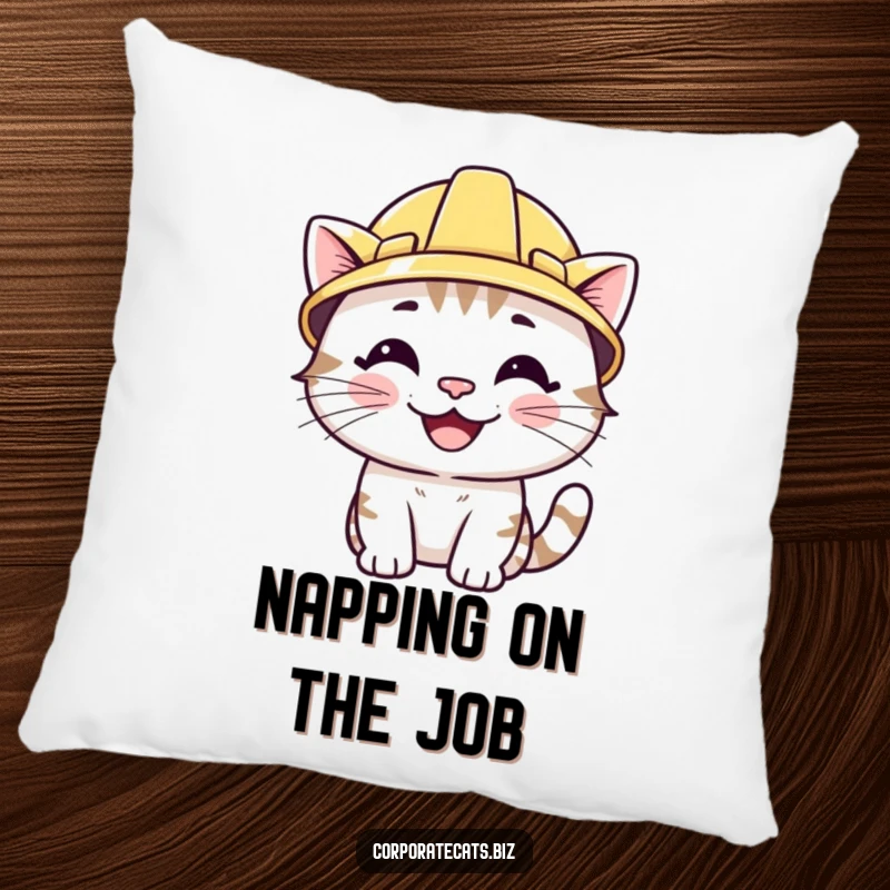 Funny pillow featuring a smiling cat character wearing a small hard hat. Soft, decorative, and filled with protective humor.