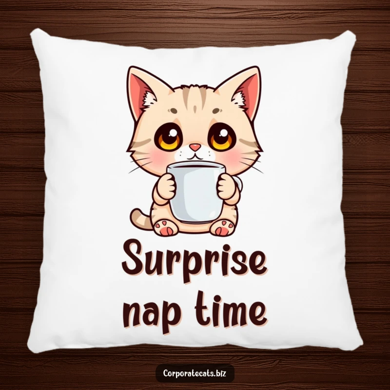Funny pillow with a surprised cat with wide eyes holding a coffee cup, offering cozy and humorous decor.