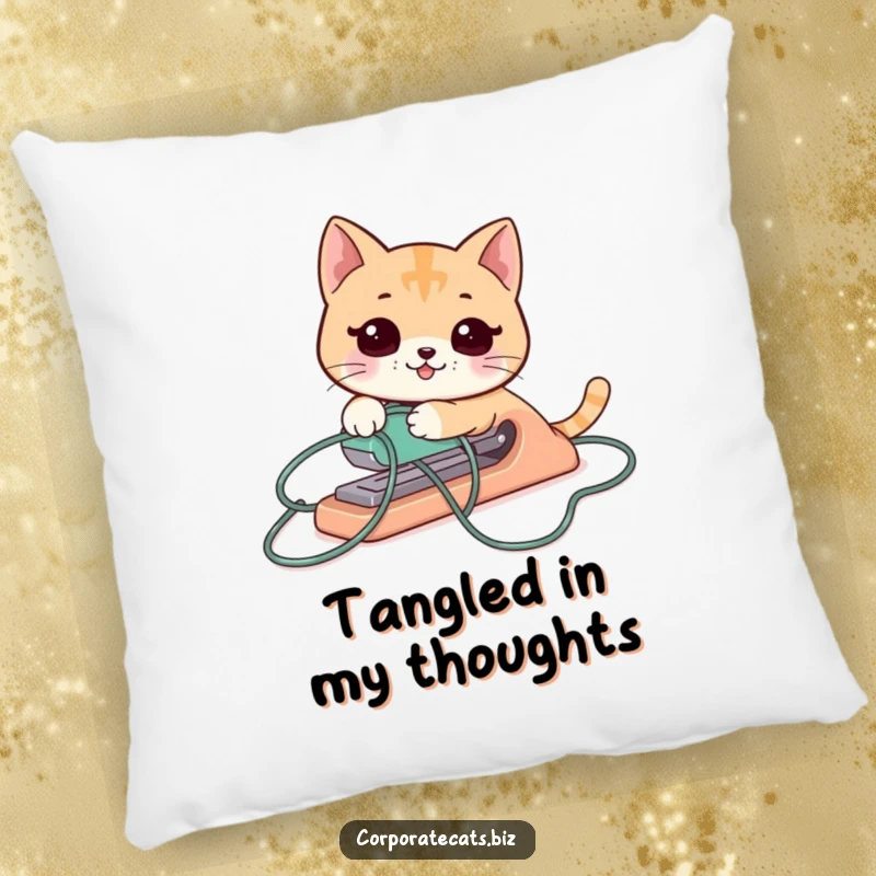 Funny cat stapler pillow, comically tangled in its cord, adding a touch of soft humor to any room.