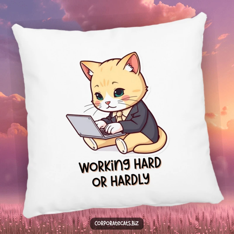 Soft pillow featuring a funny cat in a suit typing on a laptop, bringing humorous comfort to any space.