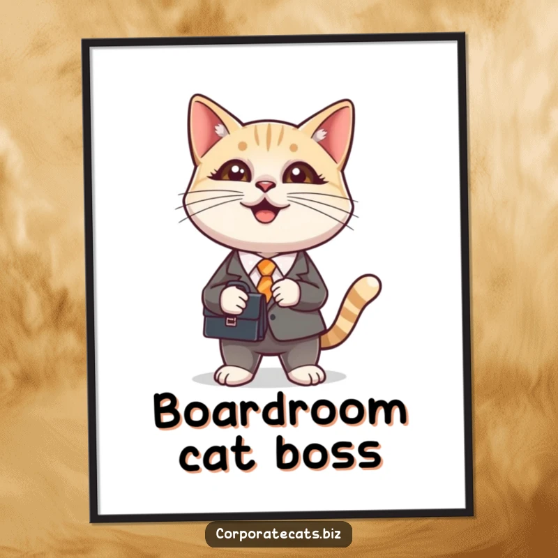 Funny digital art print of a cat in a miniature business suit holding a briefcase, radiating professional charm and humor.