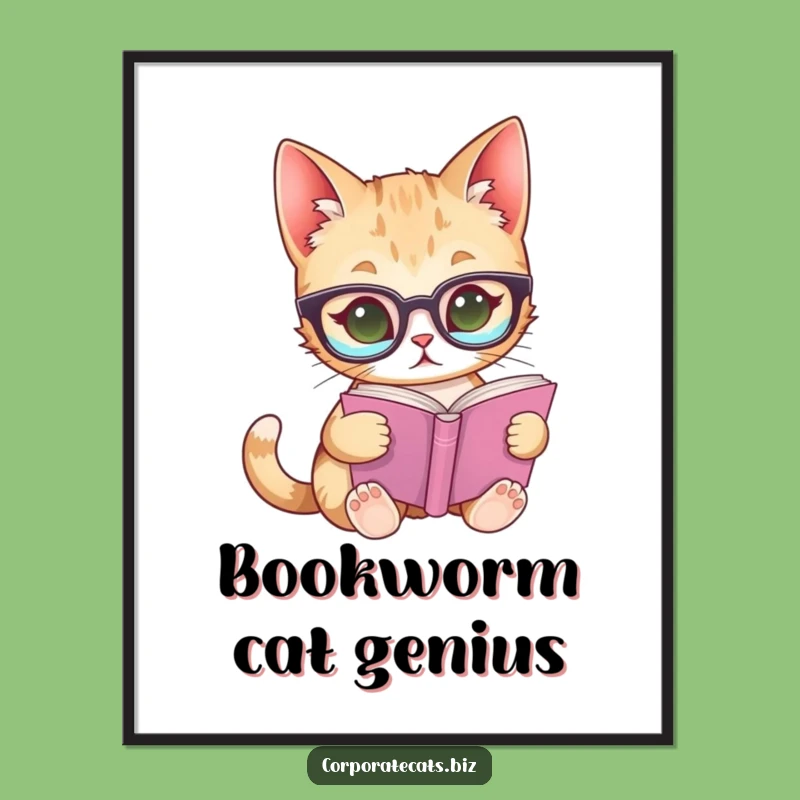 Funny Curious Cat Glasses Digital Art: Instant Hilarious Bookworm Feline Decor