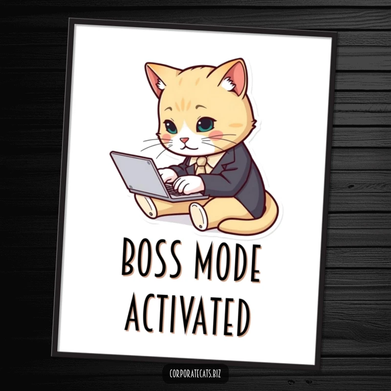 Funny cat character in a tiny suit typing rapidly on a laptop, presented as digital art for office humor.