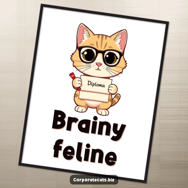 Funny digital art print of a sophisticated cat holding a diploma, offering instant intellectual humor for your walls.