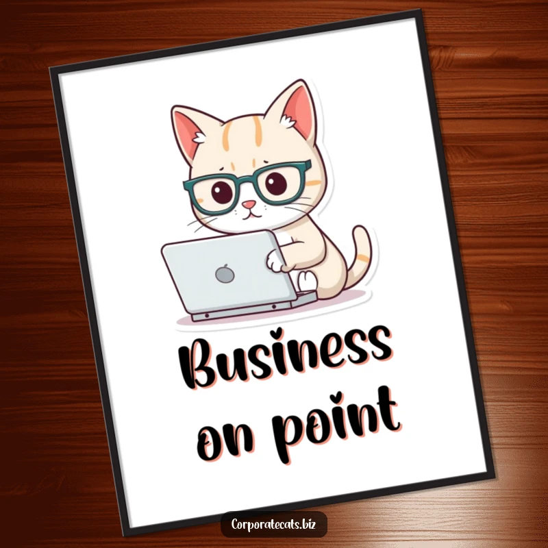 Funny focused cat digital art print of a cat wearing glasses and typing, offering instant humorous decor and intellectual charm.