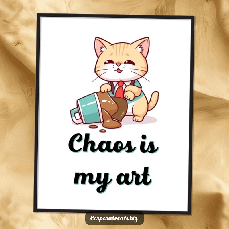 Funny Digital Art Print: A chaotic cat executive spills coffee widely across their workspace, a humorous illustration.