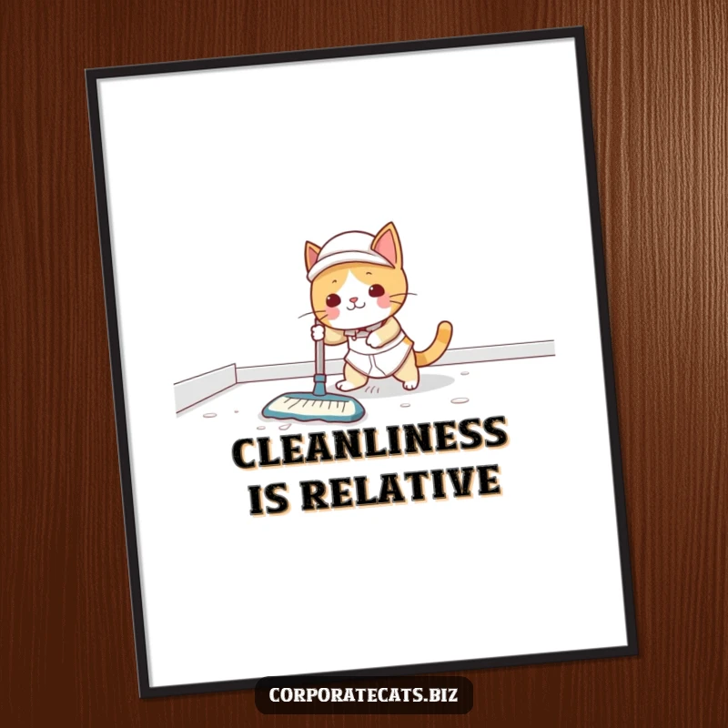 Funny Digital Art Print: A comical cat janitor slips dramatically on a wet floor, scattering cleaning supplies with a surprised expression.