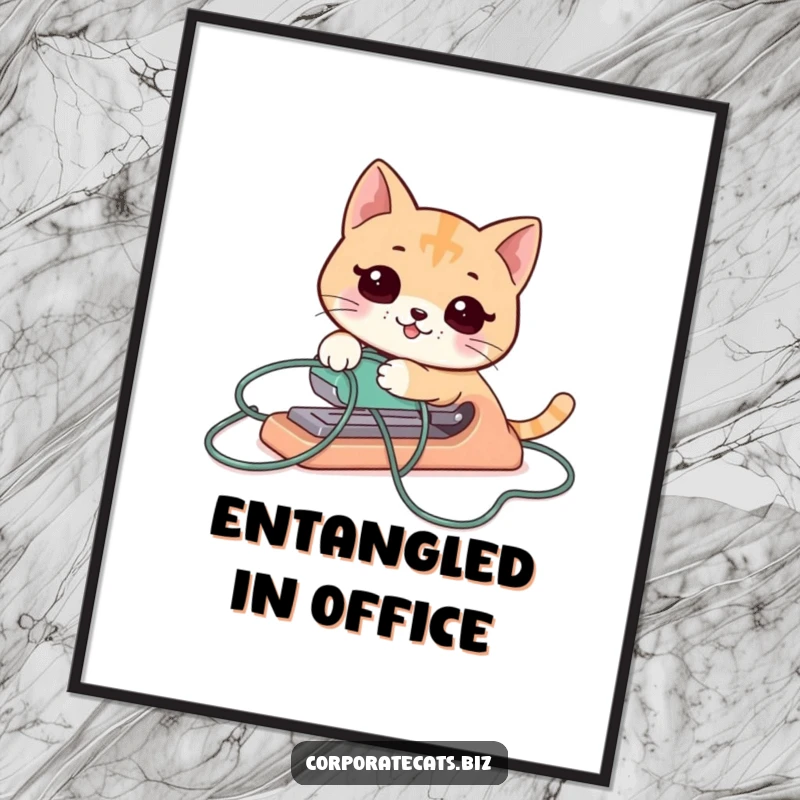 Funny cat stapler digital art print, hilariously tangled in its cord, perfect for office walls and humor enthusiasts.