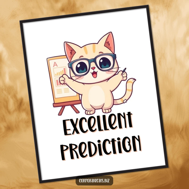 Funny cat character with glasses excitedly pointing at a chart, presented as digital art for analytical humor.