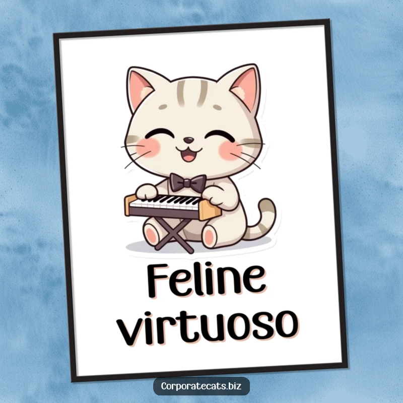 Funny digital art print of a smiling cat in a bowtie playing a tiny piano, perfect for adding musical humor to any wall.