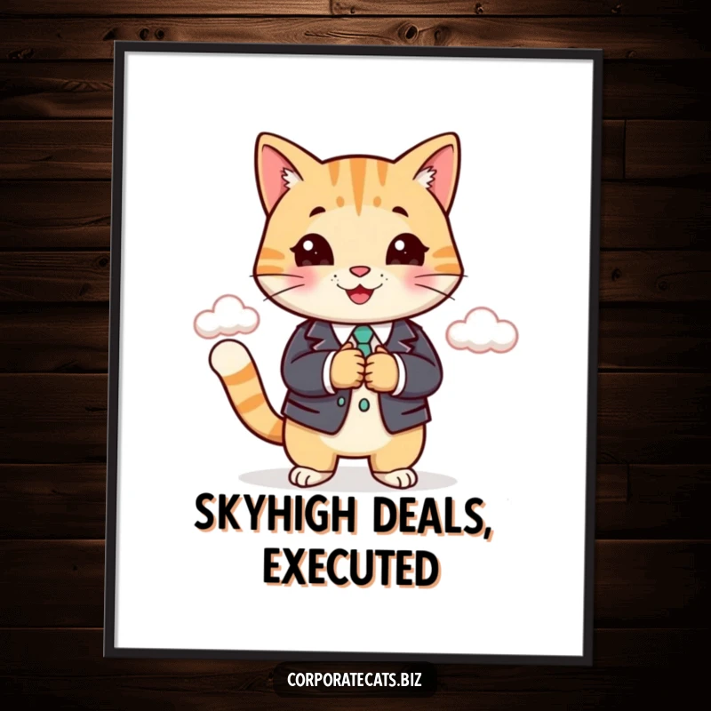 Funny cat in a business suit shaking hands with a cloud, instantly downloadable humorous art. A great funny gift.