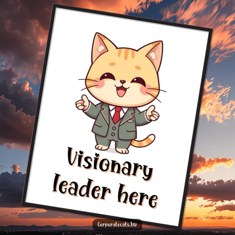 Funny cat digital art print of a joyful cat in a business suit, confidently making a presentation.