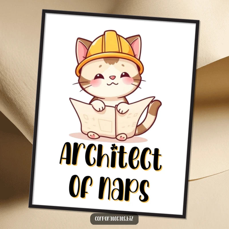 Funny cat architect in a tiny hard hat, poring over blueprints, this downloadable art adds whimsical humor, perfect funny gift.