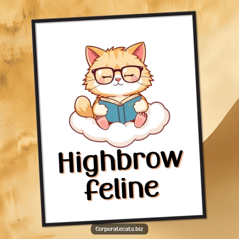 Funny Cat Cloud Digital Art Print: A fluffy cat with glasses reads a book while floating on a cloud, serene decor.