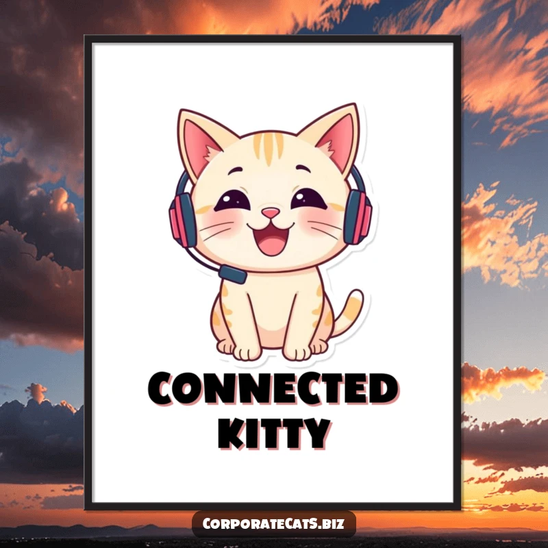 Funny digital art print of a cheerful cat wearing a tiny headset and talking, ready for instant download.
