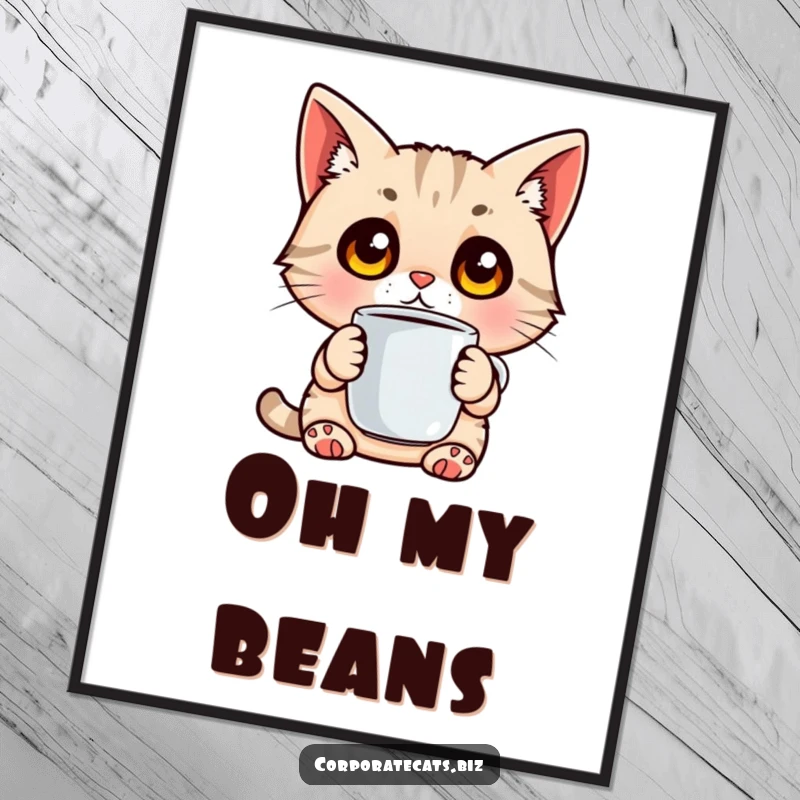 Funny digital art print of a surprised cat with wide eyes holding a coffee cup, ready for instant download.