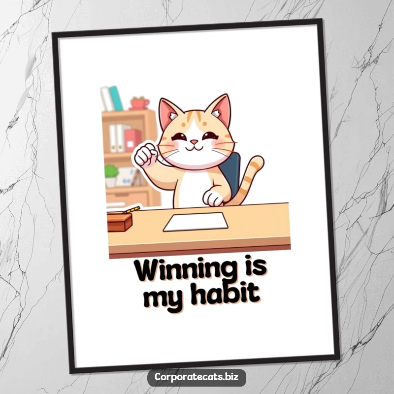 Funny cat character performing a triumphant fist pump at a desk, presented as digital art for celebratory humor.
