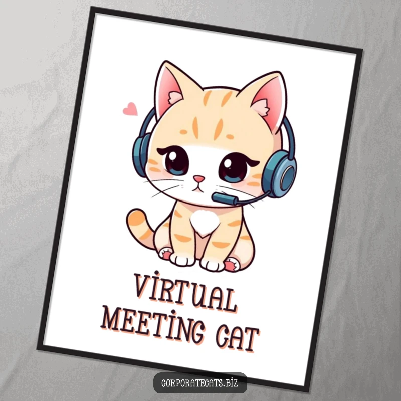 Funny Cat Gamer Digital Art Print: High-quality art of a cat wearing a headset, intently focused on a video call, ideal for gaming decor.