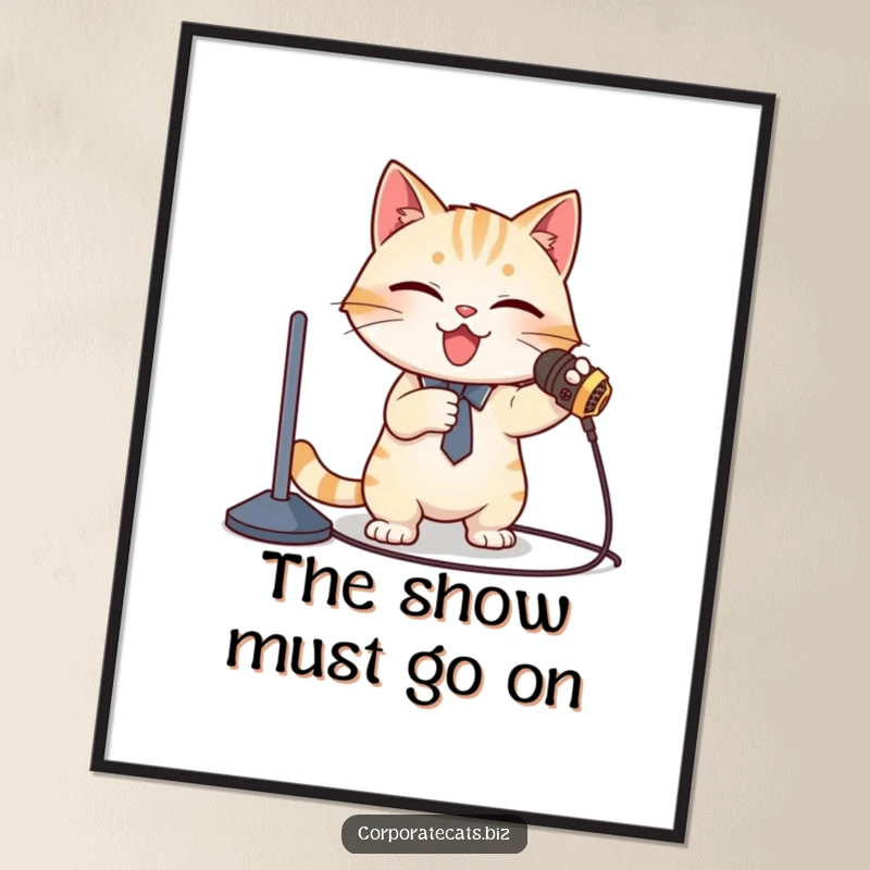Funny Digital Art Print: A comical cat presenter trips over a microphone cord during a speech, scattering notes humorously.