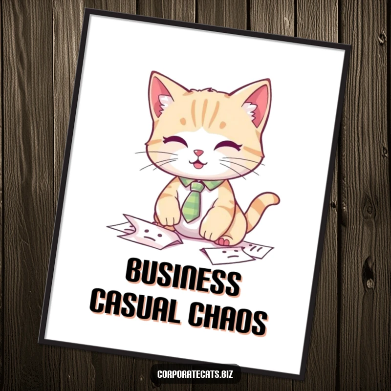 Funny cat digital art print, a cat wearing a tie looking stressed while fumbling papers.