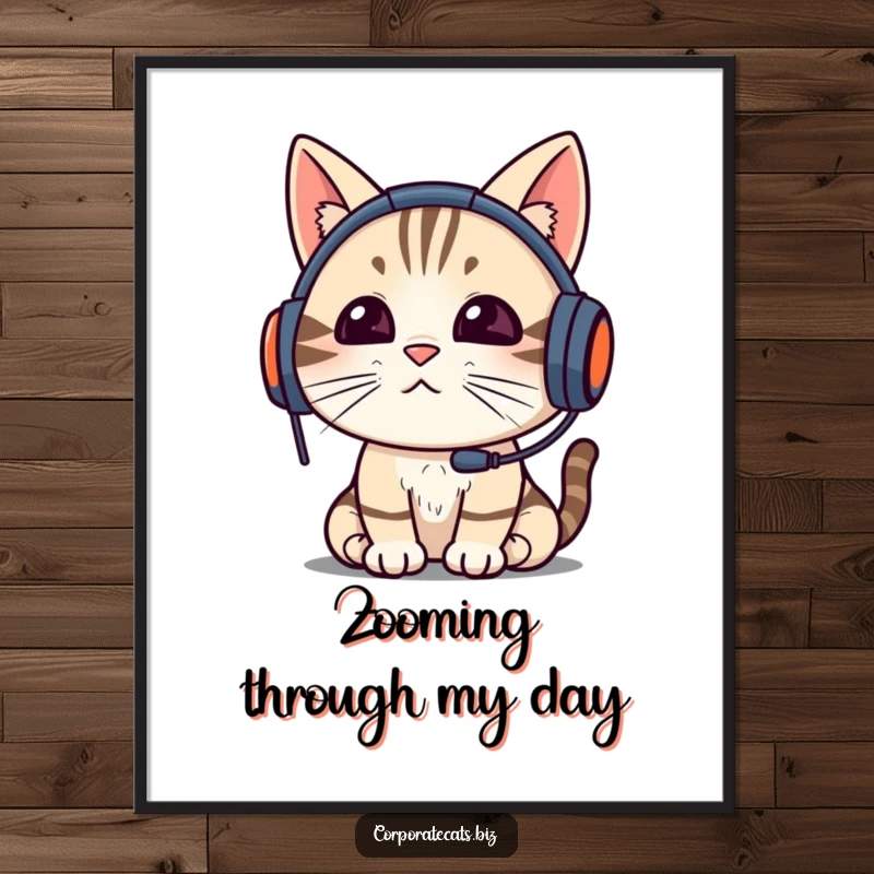 Funny cat wearing a headset, intently focused on a video call, presented as a downloadable digital art print for humorous decor, a funny gift.
