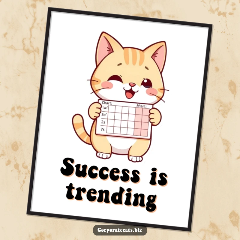 Funny digital art of a cheerful cat character presenting a small chart. High-resolution, humorous, and instantly downloadable.