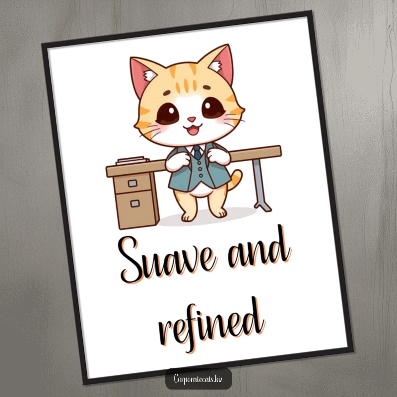 Funny digital art print of a smiling cat wearing a small suit and crossing legs elegantly, perfect for sophisticated wall decor.