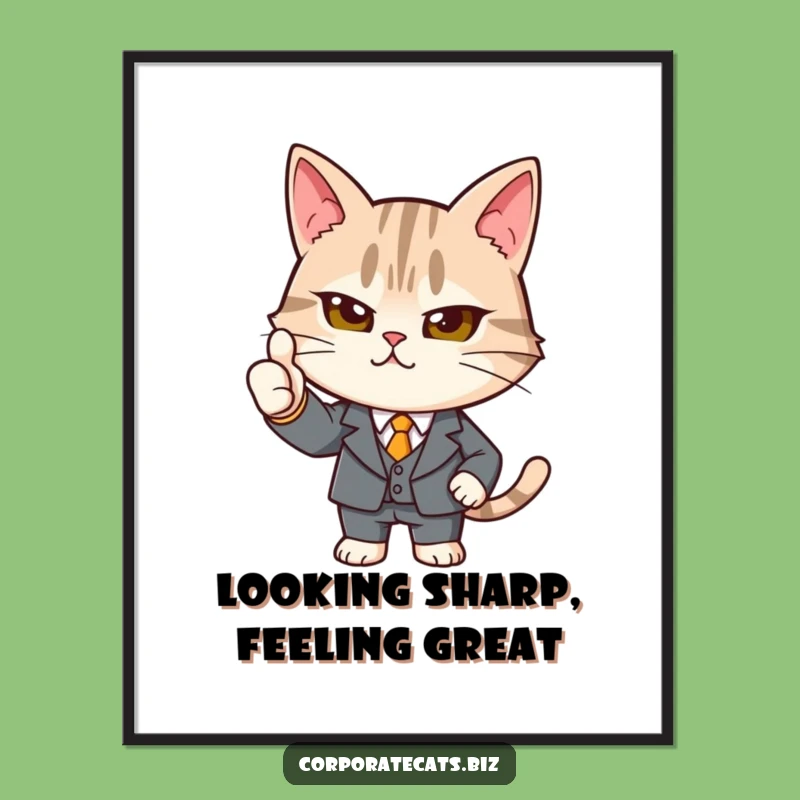 Funny Determined Cat Suit Thumbs-Up Digital Art: Instant Motivational Decor & Gift