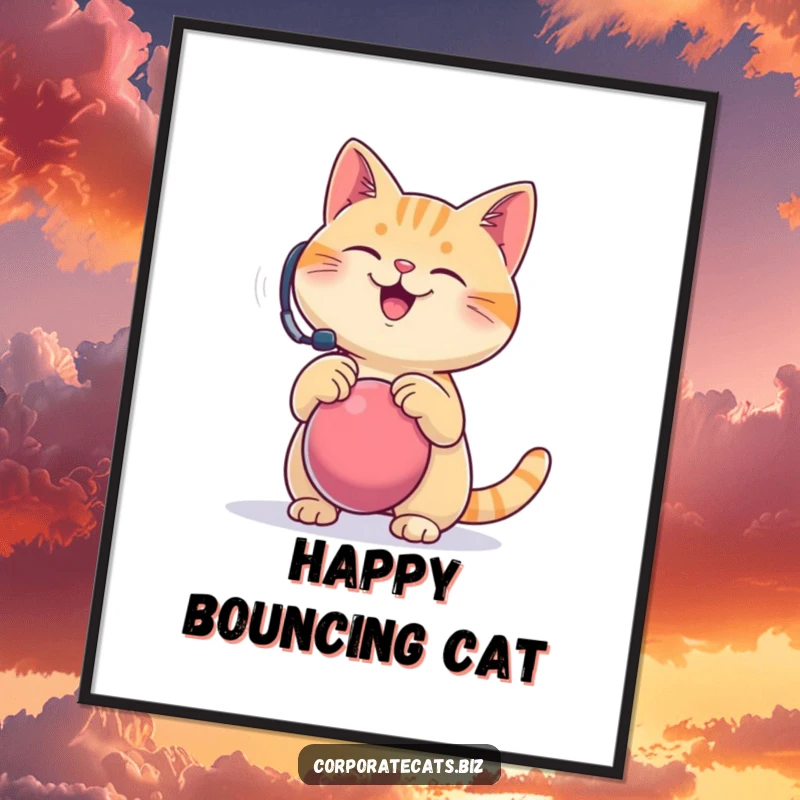 Funny digital art, a happy cat wearing a headset comically bounces a stress ball, embodying stress relief and humor for digital decor.