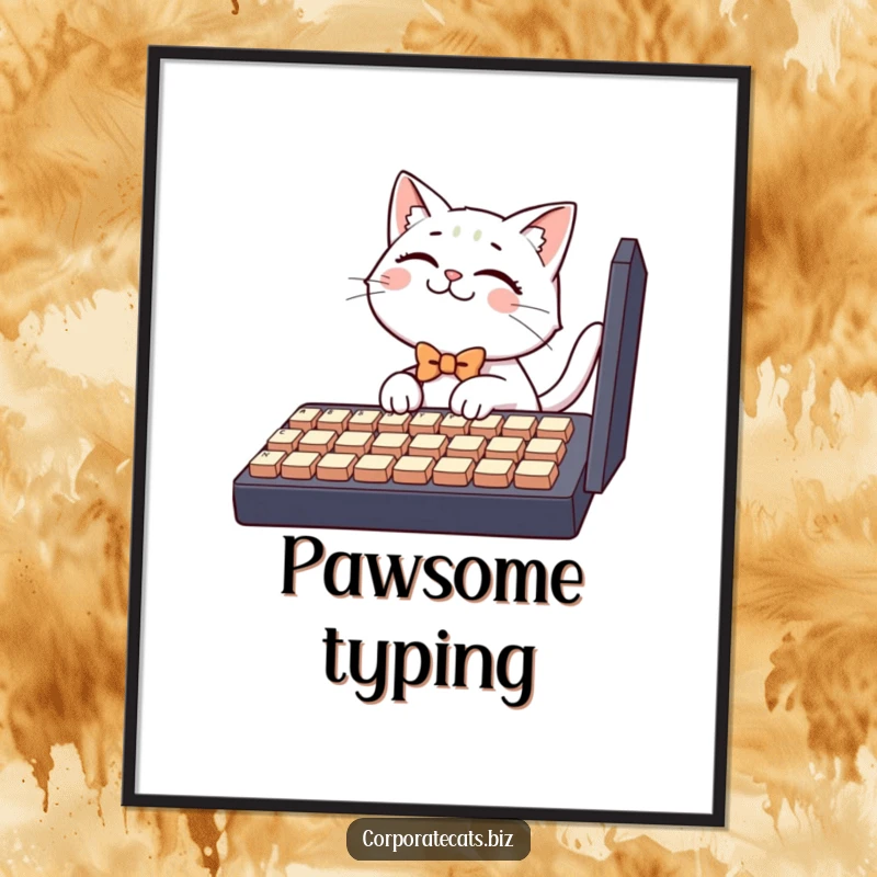Funny digital art, a giggling cat wearing a bowtie attempts to type on a large keyboard, capturing tech struggles with humor.