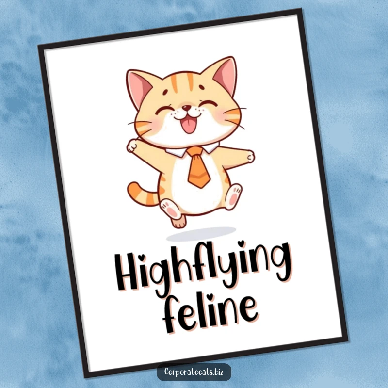Funny digital art print of a playful cat wearing a tie, captured mid-jump, exuding pure joy and feline energy.