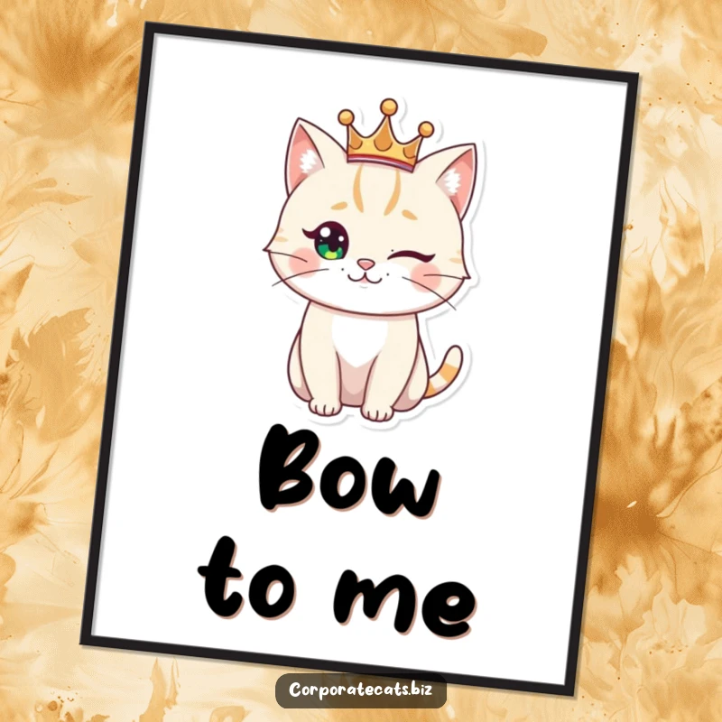 Funny royal cat digital art print, a winking feline wearing a small crown, exuding regal charm and playful humor.