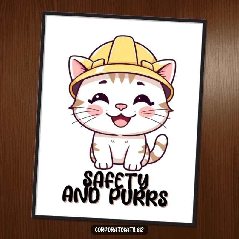 Funny digital art of a smiling cat character wearing a tiny hard hat. High-resolution, humorous, and instantly downloadable.