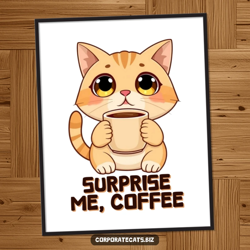 Funny digital art print of a shocked, wide-eyed cat holding a coffee cup, offering instant humor for your walls.