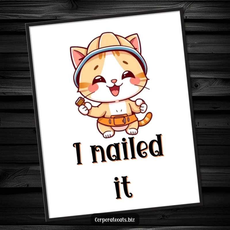 Funny digital art featuring a cat in a hard hat with a hammer, ready for hilarious construction projects, perfect for wall decor.