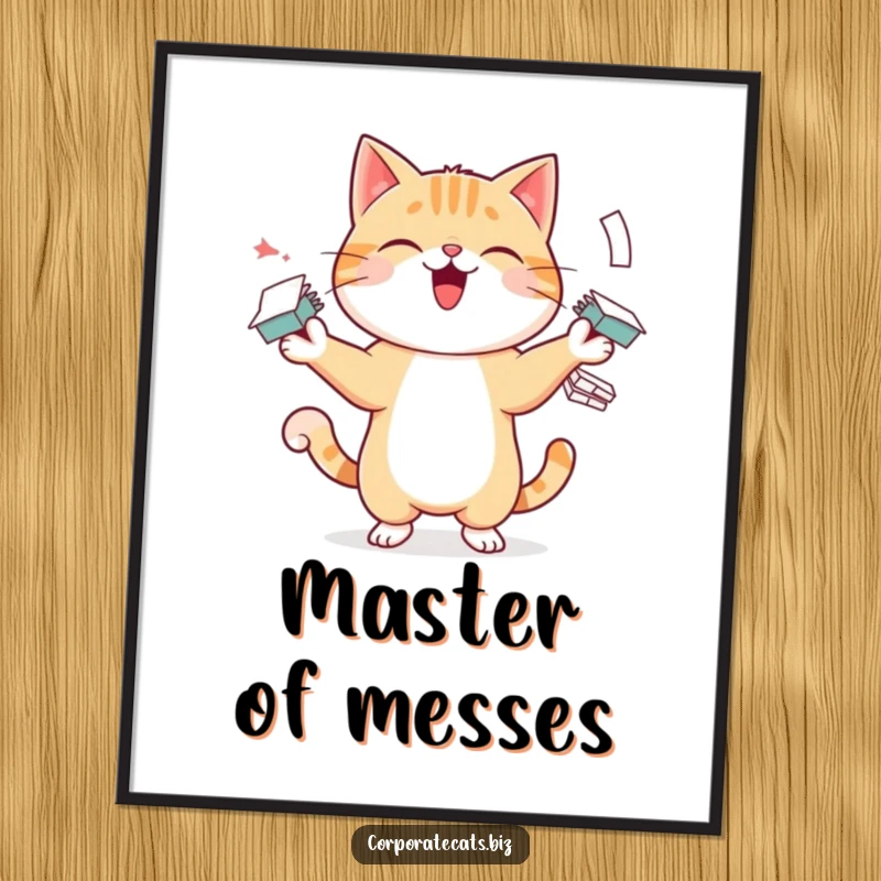 Funny digital art print of a cheerful cat character skillfully juggling many paper stacks, perfect for humorous wall decor.